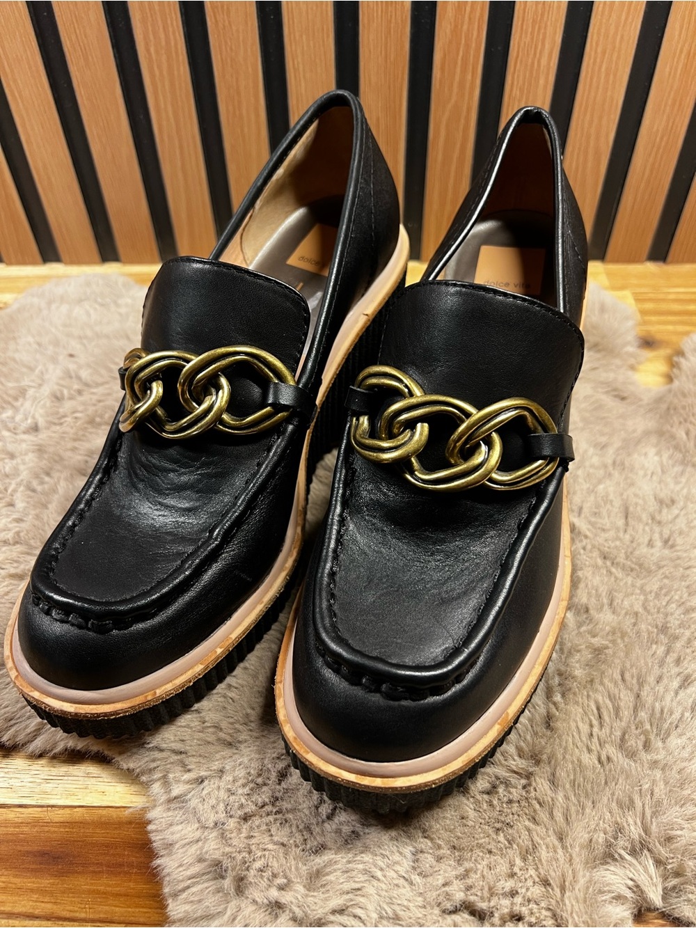 Dolce Vita Brenan Black Leather Platform Wedge Loafer size 10